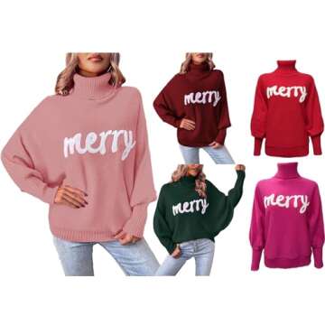 iTranyee Women Ugly Christmas Oversized Turtleneck Pullover Sweater Cute Merry Print Batwing Sleeve Loose Jumper Fall Outfits (E Red Sweater, S)