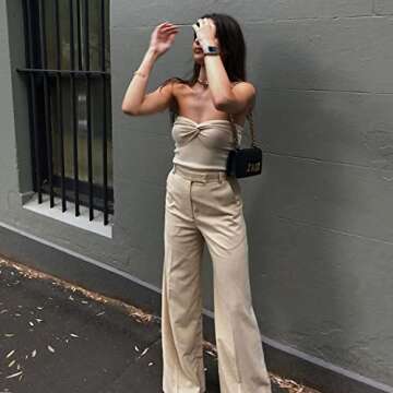 Women Sexy Strapless Tube Tops Sleeveless Stretchy Solid Hollow Out Crop Top Summer Streewear Tank Top (B-Apricot, S)