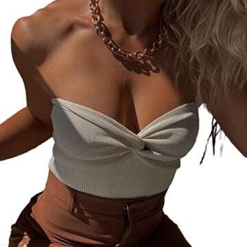 Women Sexy Strapless Tube Tops Sleeveless Stretchy Solid Hollow Out Crop Top Summer Streewear Tank Top (B-Apricot, S)