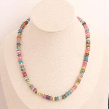 Frigotine Boho Natural Beaded Stone Choker Necklaces for Women– Dainty Trendy Bohemian Handmade Colourful Round Gemstone Gold Plated Summer Statement Surfer Chain Beach Accessories Jewelry