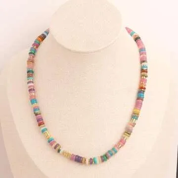 Frigotine Boho Natural Beaded Stone Choker Necklaces for Women– Dainty Trendy Bohemian Handmade Colourful Round Gemstone Gold Plated Summer Statement Surfer Chain Beach Accessories Jewelry