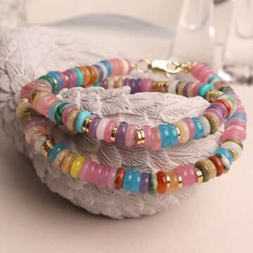 Frigotine Boho Natural Beaded Stone Choker Necklaces for Women– Dainty Trendy Bohemian Handmade Colourful Round Gemstone Gold Plated Summer Statement Surfer Chain Beach Accessories Jewelry