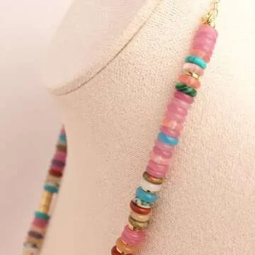 Frigotine Boho Natural Beaded Stone Choker Necklaces for Women– Dainty Trendy Bohemian Handmade Colourful Round Gemstone Gold Plated Summer Statement Surfer Chain Beach Accessories Jewelry