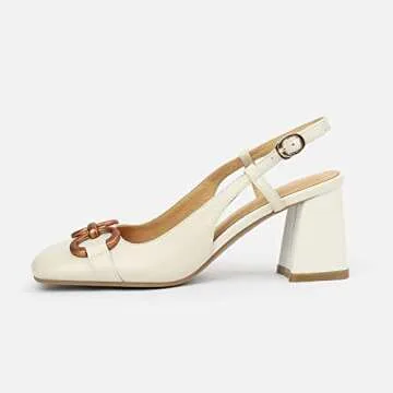 Vertundy Women's Slingback Closed Square Toe Chunky High Heels Sandals Adjustable Ankle Buckle Strap Dress Summer Pumps Ladies Block Heel White Cream