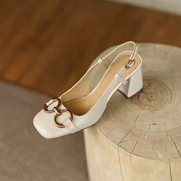 Vertundy Women's Slingback Closed Square Toe Chunky High Heels Sandals Adjustable Ankle Buckle Strap Dress Summer Pumps Ladies Block Heel White Cream