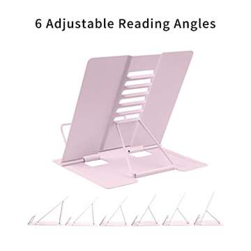 MSDADA Book Stand Metal Reading Rest Book Holder Adjustable Cookbook Documents Holder Portable Bookstands for Recipes Textbooks with Page Clips Birthday Gifts for Girls Mom Students(Macaron Pink)