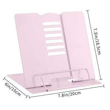 MSDADA Book Stand Metal Reading Rest Book Holder Adjustable Cookbook Documents Holder Portable Bookstands for Recipes Textbooks with Page Clips Birthday Gifts for Girls Mom Students(Macaron Pink)