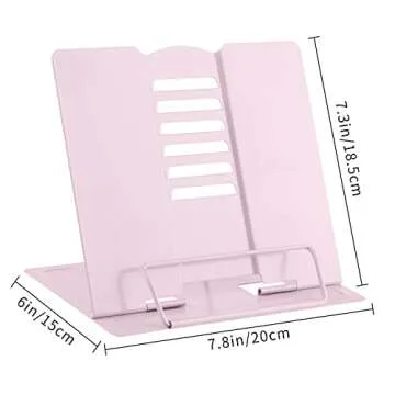 MSDADA Book Stand Metal Reading Rest Book Holder Adjustable Cookbook Documents Holder Portable Bookstands for Recipes Textbooks with Page Clips Birthday Gifts for Girls Mom Students(Macaron Pink)
