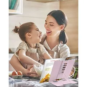 MSDADA Book Stand Metal Reading Rest Book Holder Adjustable Cookbook Documents Holder Portable Bookstands for Recipes Textbooks with Page Clips Birthday Gifts for Girls Mom Students(Macaron Pink)