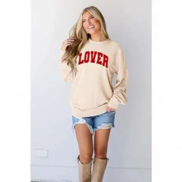 BOUTIKOME Valentines Sweatshirts for Women Sequin Glitter Patch Lover Letter Shirts Chenille Oversized Pullover Tops(Beige,S)