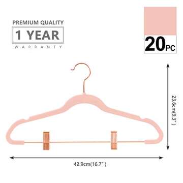 MIZGI Premium Velvet Pants Hangers with Clips (Pack of 20) Slim Skirt Hangers- Non Slip Felt Outfit Dress Hangers Blush Pink - Copper/Rose Gold Hooks,Space Saving Shirt Clothes Hangers