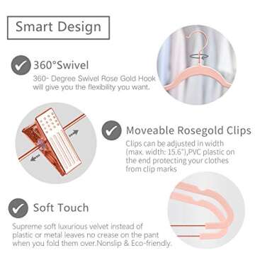 MIZGI Premium Velvet Pants Hangers with Clips (Pack of 20) Slim Skirt Hangers- Non Slip Felt Outfit Dress Hangers Blush Pink - Copper/Rose Gold Hooks,Space Saving Shirt Clothes Hangers