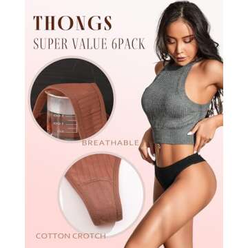 FINETOO 6 Pack Cotton Thongs for Women Breathable Low Rise Bikini Panties Womens Thong Underwear Sexy S-XL