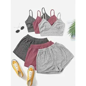 GORGLITTER 6 Piece Vacation Outfits 2025 Comfy Sets for Women Clothing Summer Crop Cami Top and Shorts Red and Grey Medium