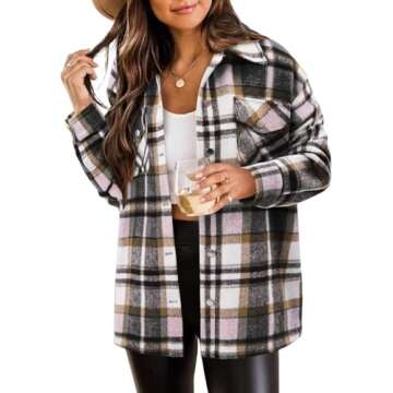 Magritta Winter Plaid Shirts for Women with Pockets Cuffed V Neck Collared Long Sleeve Roll Up Butto...