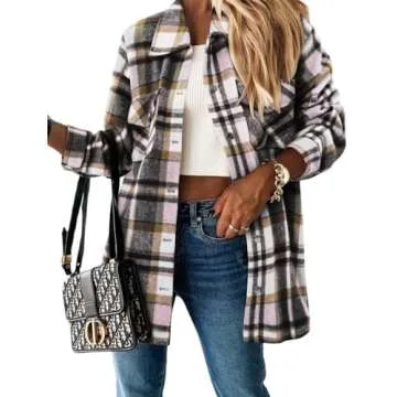 Magritta Winter Plaid Shirts for Women with Pockets Cuffed V Neck Collared Long Sleeve Roll Up Button Down Shacket Jacket Petite Tops Pink X-Large