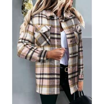 Magritta Winter Plaid Shirts for Women with Pockets Cuffed V Neck Collared Long Sleeve Roll Up Button Down Shacket Jacket Petite Tops Pink X-Large