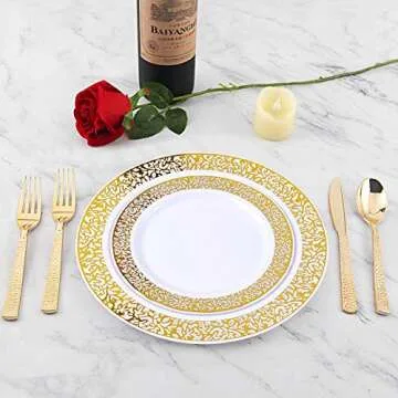 Supernal 180 pieces Gold Plastic Silverware,Heavy Duty Plastic Forks and Spoons,Gold Disposable Silverware Sets Include 60 Forks,60 Knives,60 Spoons,Suitable for Party,Birthday,Wedding
