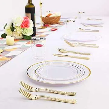 Supernal 180 pieces Gold Plastic Silverware,Heavy Duty Plastic Forks and Spoons,Gold Disposable Silverware Sets Include 60 Forks,60 Knives,60 Spoons,Suitable for Party,Birthday,Wedding