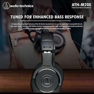 Audio-Technica ATH-M20x Professional Studio Monitor Headphones (Black) w/ 40mm Dynamic Drivers, 15 Degree Swiveling Earcups Plus a Basic Bundle with Headphones Holder, a Case and More