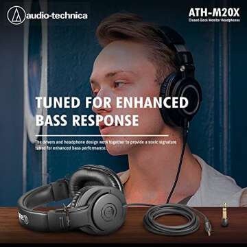 Audio-Technica ATH-M20x Professional Studio Monitor Headphones (Black) w/ 40mm Dynamic Drivers, 15 Degree Swiveling Earcups Plus a Basic Bundle with Headphones Holder, a Case and More