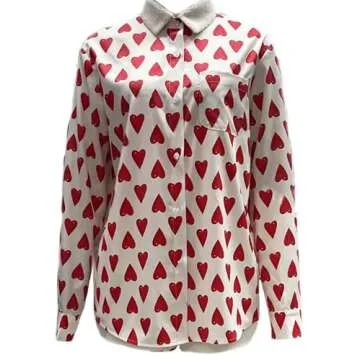 Yiulangde Valentines Day Pajamas Women 2 Piece Shorts Set Cute Heart Print Button Long Sleeve Pjs Shirt Satin Pajama Pants Lounge Sets