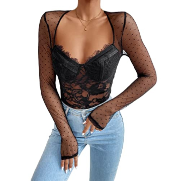 Stylish WDIRARA Polka Dots Lace Sweetheart Bodysuit