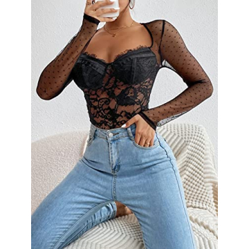 Stylish WDIRARA Polka Dots Lace Sweetheart Bodysuit