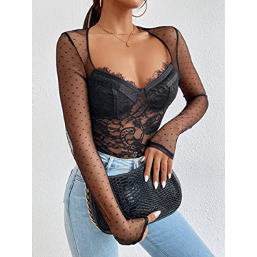 Stylish WDIRARA Polka Dots Lace Sweetheart Bodysuit