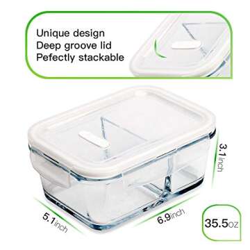 DAS TRUST 5 Pack 36oz Food Storage Containers 2 Compartments Glass Meal Prep Containers with Lids fo...