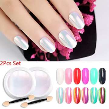 evpct 2Pcs Pearl White Mermaid Aurora Chrome Nail Powder Kit for Gel Nails Polish Rainbow Holographi...