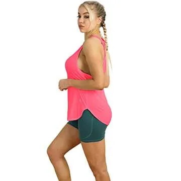icyzone Workout Tank Tops for Women - Athletic Yoga Tops, Racerback Running Tank Top Loose Fit (Neon Pink/Neon Yellow,L)