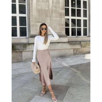 Zeagoo Womens Silk Midi Skirt High Waist Satin Skirt Elegant Zipper Skirts Light Khaki