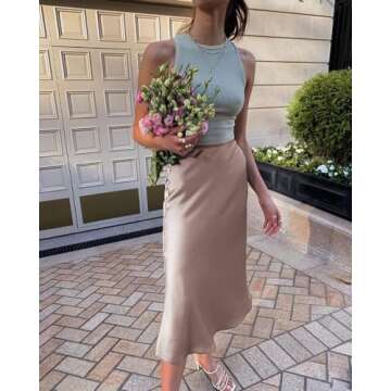 Zeagoo Womens Silk Midi Skirt High Waist Satin Skirt Elegant Zipper Skirts Light Khaki