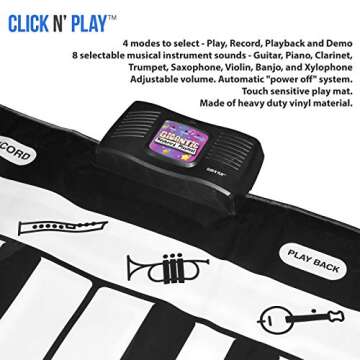 Click N' Play Mat with 24 Keys, 4 Unique Play Modes, 8 Musical Instrument Sounds | Music Mat Keyboard Toys | Floor Piano Pad Gift for Toddlers and Kids Ages 3-5,Black/White