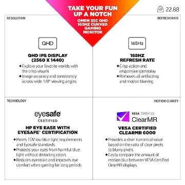 HP OMEN 32c QHD 165Hz Curved Gaming Monitor, QHD Display (2560 x 1440), VA Panel, 99% sRGB, 90% DCI-...