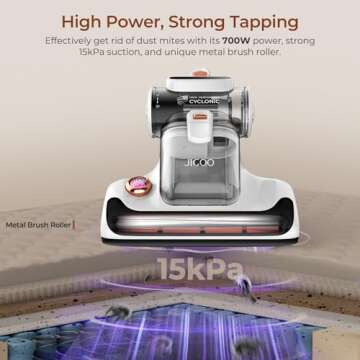 JIGOO Mattress Vacuum Cleaner with UV-C Light, 15Kpa Suction 700W Powerful Double-Cup Handheld Vacuu...