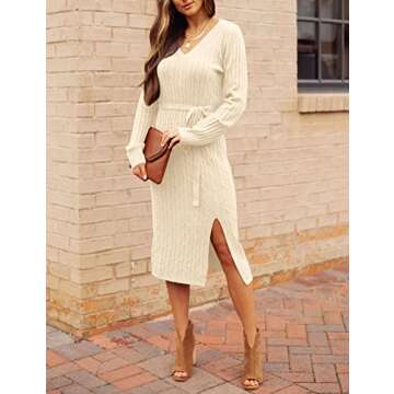 MEROKEETY Women's V Neck Cable Knit Sweater Dress Long Sleeve Bodycon Slit Pullover Midi Dress with Belt