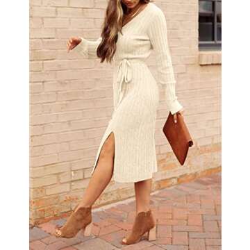 MEROKEETY Women's V Neck Cable Knit Sweater Dress Long Sleeve Bodycon Slit Pullover Midi Dress with Belt