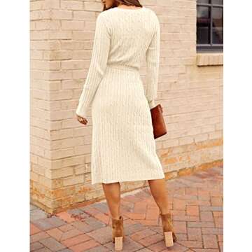 MEROKEETY Women's V Neck Cable Knit Sweater Dress Long Sleeve Bodycon Slit Pullover Midi Dress with Belt