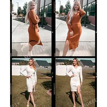 MEROKEETY Women's V Neck Cable Knit Sweater Dress Long Sleeve Bodycon Slit Pullover Midi Dress with Belt