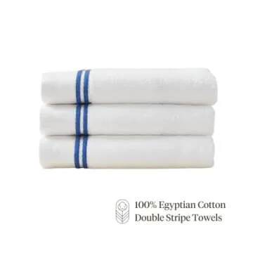 MALEK Luxury Cotton Towel Set - 700 GSM, 100% Cotton, Decorative Bathroom Towel Set, 2 Bath Towels, Hand Towels & Wash Cloths - Highly Durable, Soft & Absorbent - White with Double Blue Stripe