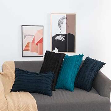 Set of 2 Striped Fringes Boho Decorative Throw Pillow Covers Set, Cotton Linen Jacquard Pillow Cases for Couch Sofa Bedroom Living Room, Home Decor Lumbar Pillowcase, 12x20 Inch, Black