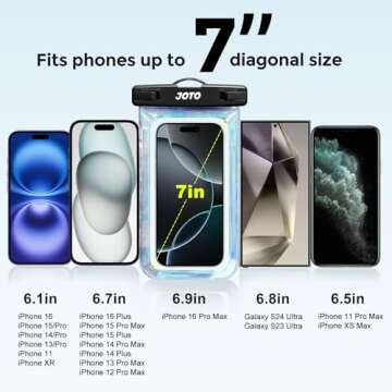 JOTO Universal Waterproof Pouch Case for iPhone 16 15 14 13 Plus Pro Max, IPX8 Cellphone Dry Bag 12 11 Pro Max XR X 8 7 6S Plus SE, Galaxy S23 S22 S21 S20+ S20 S10 Plus Note, Pixel up to 7" -Sparkle
