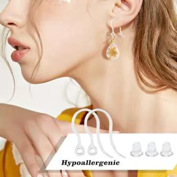 TOAOB 50pcs Clear Plastic Earring Hooks Non-Allergenic Ear Wires 14.5x17mm Earrings Components with Earring Backs Jewelry Findings for DIY Earrings Making