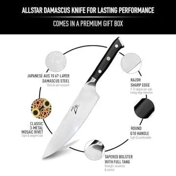 Zelite Damascus Chef Knife 8 Inch - Professional Kitchen Knife with Japanese AUS-10 Super Steel 67-L...