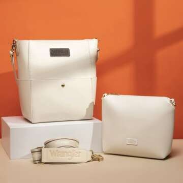 Wrangler Bucket Handbags for Women Crossbody Purse with Guitar Strap and Hobo Bag Organizer Insert Tote Oversized BeigeWG67-9182BG