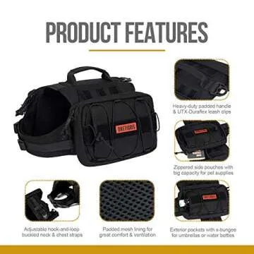 OneTigris Dog Backpack for Hiking Nylon Dog Harness Backpack with Side Pockets for Large Dog with 22"-31.5" Neck Girth and 29"-35.8" Chest Girth (Black)