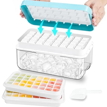 ZZWILLB Ice Cube Tray, Ice Tray with Lid and Bin and Ice Scoop, Ice Cube Pop Out Tray, Ice Cube Tray...