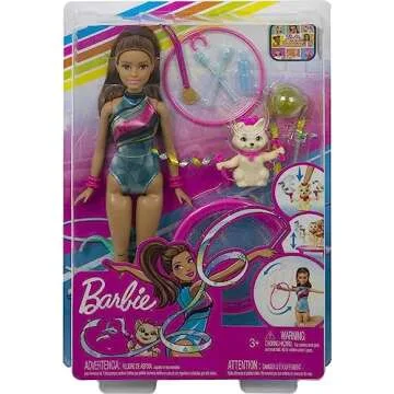 Barbie Gymnast Playset, Spin 'n Twirl Teresa Doll Flips & Spins Hoops, Pet Has Bouncing Trampoline & Waves Ribbons, Themed Acccessories